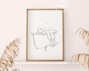 Coastal Cowgirl Bathtub Line Art Print, Digital Bathroom Minimalist Black & White Wall Art, Trendy Western Girly Poster, Vertical