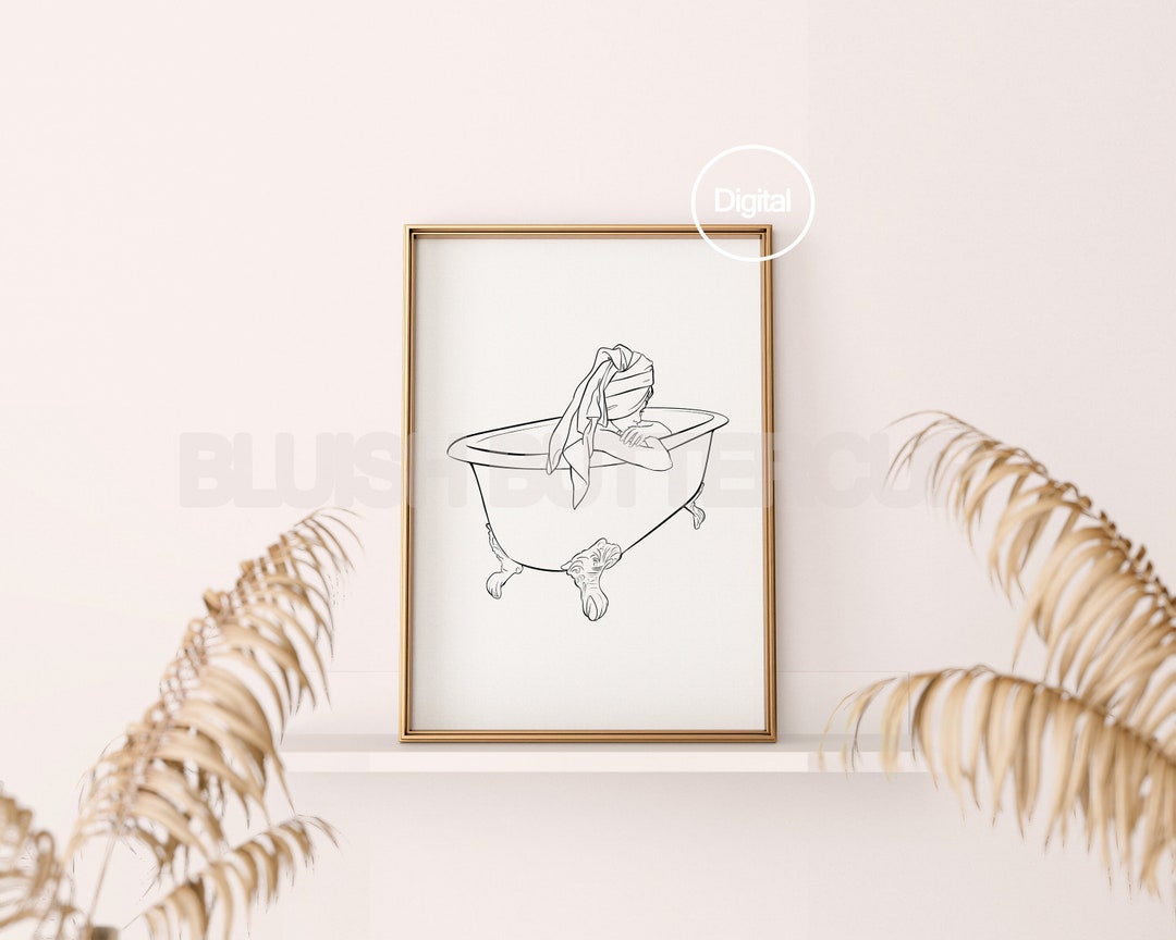 Printable A Girl in Bathtub, Black and White Minimal Lines Poster ...