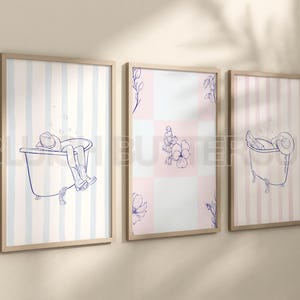 三連画 ピンク ブルー カウガール バスタブ ウォール アート、ライン アート プリント、沿岸カウガール、バスルーム 3 枚セット、ウエスタン ガーリー ポスター、印刷可能なデジタル