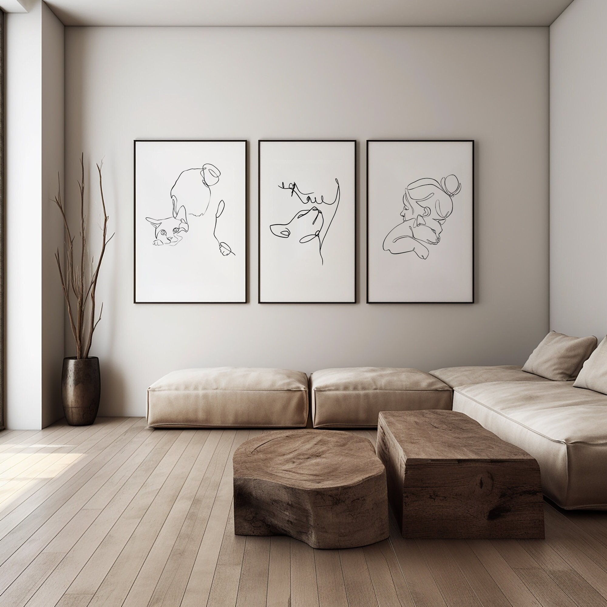 3 Set Cat Wall Art, Minimalist Cat Mom Line Print, Digital Black and ...
