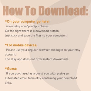 May include: Instructions on how to download digital purchases from Etsy.com. The text explains how to download purchases on a computer, mobile device, and as a guest.