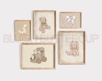 Beige Vintage Style Nursery Gallery Wall, Gender Neutral Kid Bedroom Wall Art Set, Cottage Core, Antique Toy Decor, Wall Set of 5, Printable