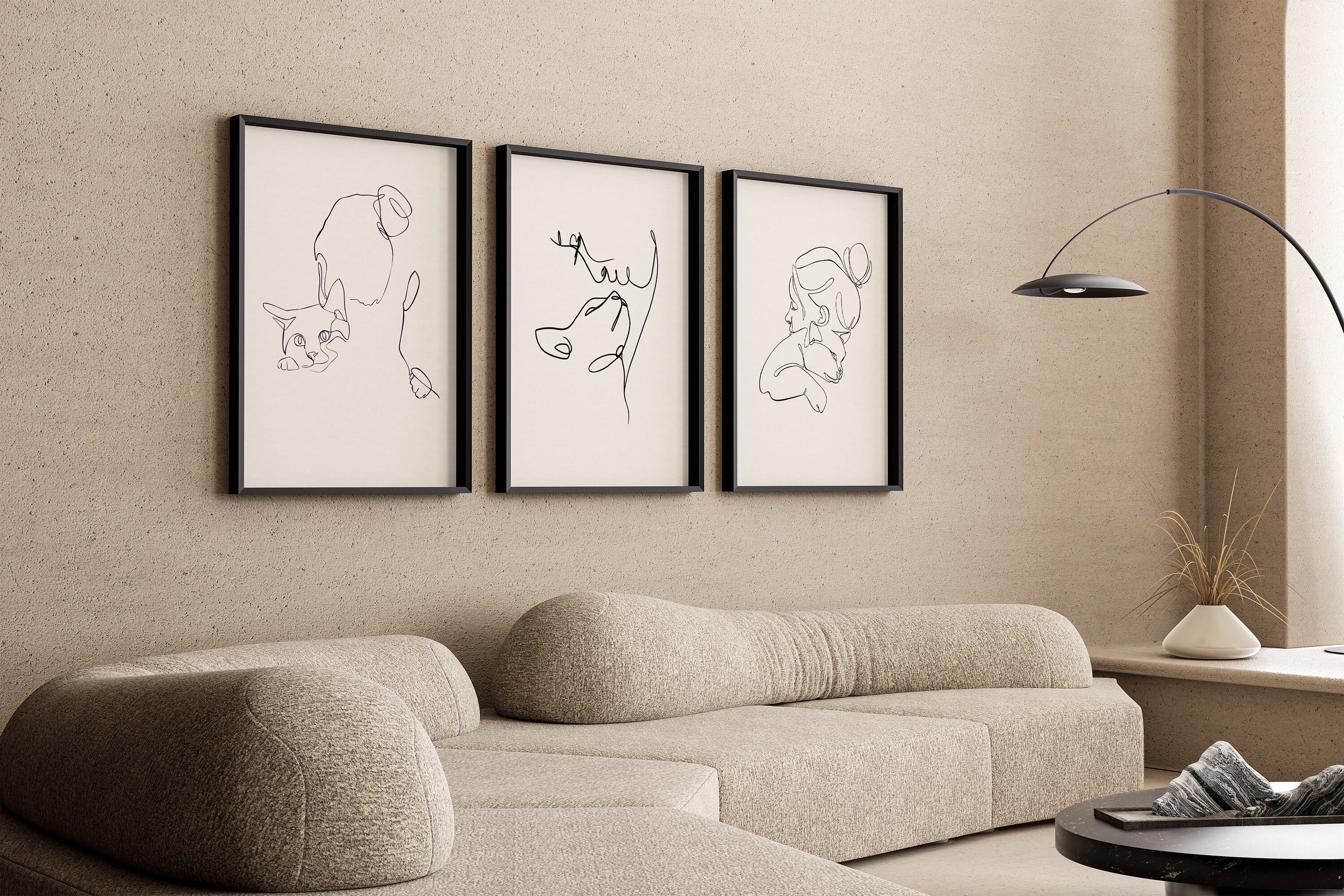 3 Set Cat Wall Art, Minimalist Cat Mom Line Print, Digital Black and ...