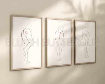 Lustige Po Wand Kunst, 3 Stück feminine Drucke, 3er Set, Badezimmer Schlafzimmer Dekor, minimalistische Linie Kunst, weibliche Figur, digitaler Download