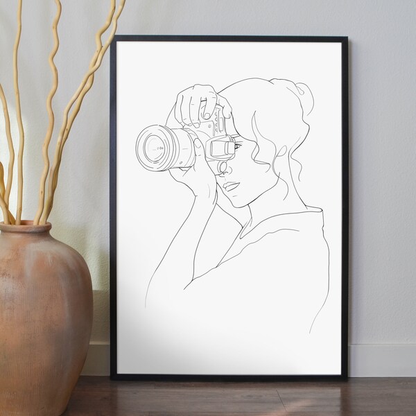 Female Photographer Outline Wall Art Print, Digital Download Black & White Girl With Camera, Minimal Lines Poster, Drawing Gift