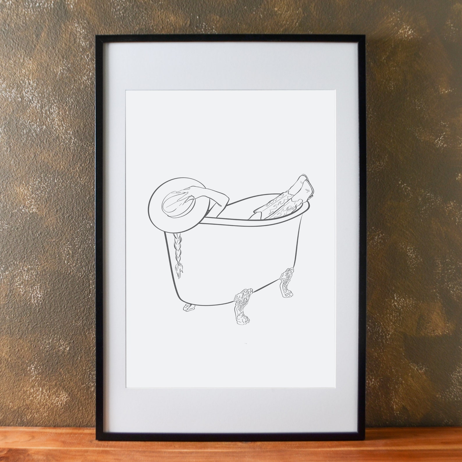 Coastal Cowgirl Bathtub Line Art Print, Digital Bathroom Minimalist