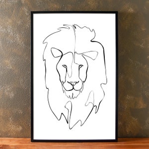 Löwe Minimal Line Kunstdruck, digital druckbare Schwarzweiß Single Line Safari breite Tiere, One Line Big Cat Wandkunst, modernes Poster