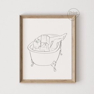 Reading Girl in Bathtub, Black and White Minimal Lines Wall Art, Drawing Bookish Bath-time, Bathroom Design, Physical Print