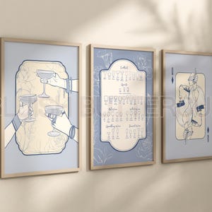 Tryptyk Jasnoniebieski Styl Vintage Bar Cart Wall Art, Królowa Diamentów, Plakat Wino, Retro Wydruk, 3-częściowa Sztuka Ścienna, Druk Cyfrowy