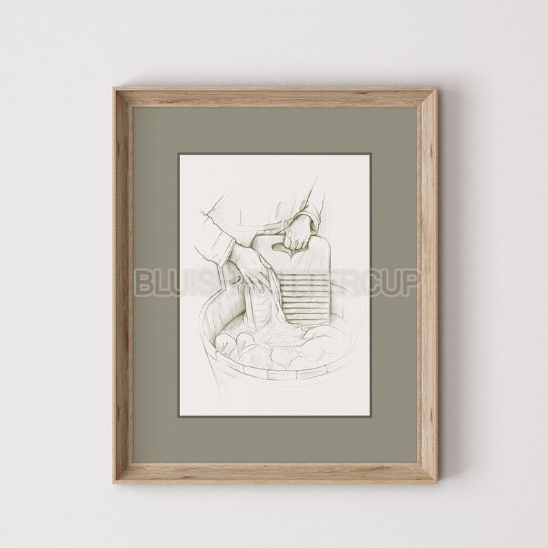 May include: A black and white line drawing of a person washing clothes in a bucket using a washboard.