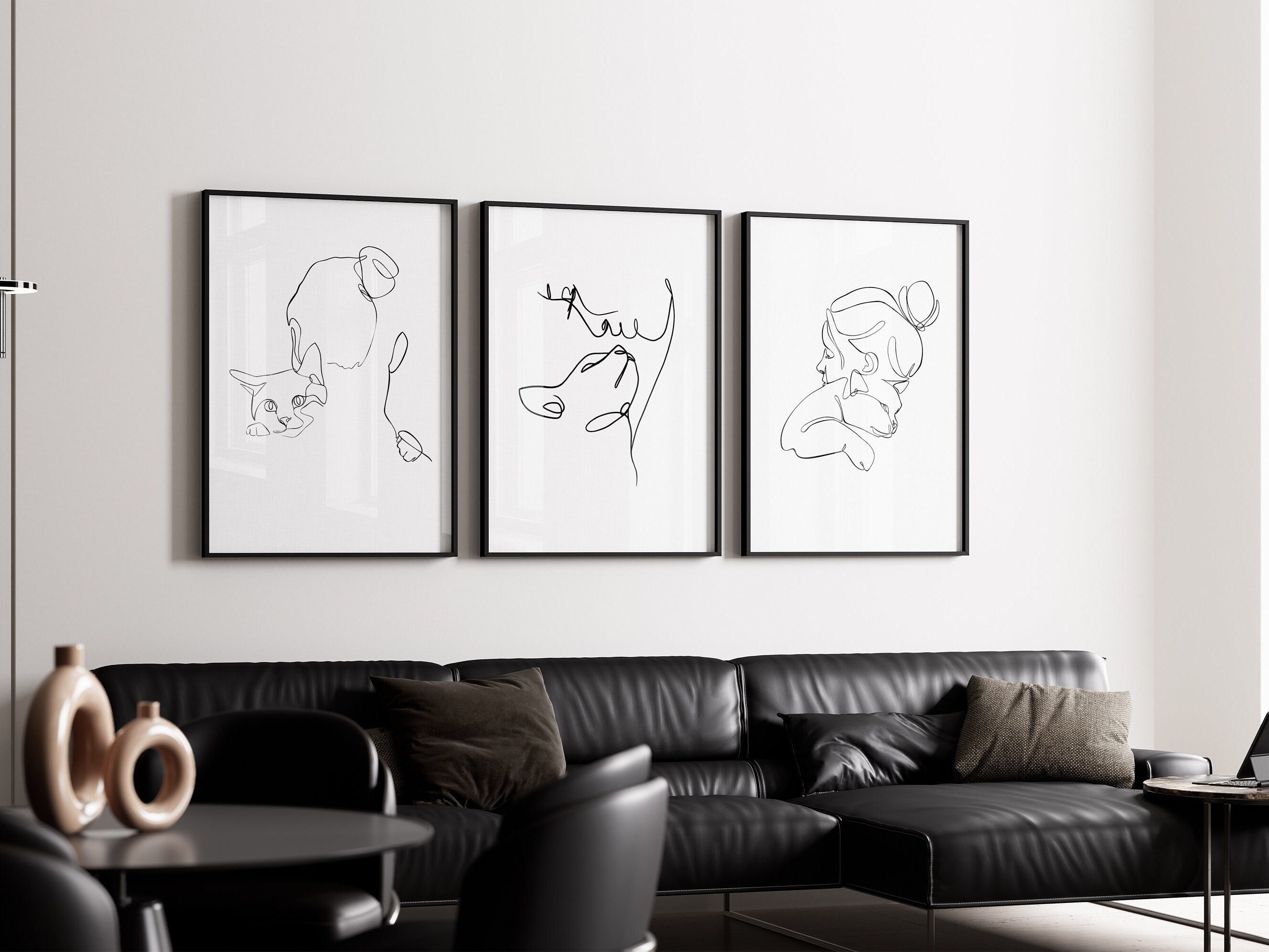 3 Set Cat Wall Art, Minimalist Cat Mom Line Print, Digital Black and ...