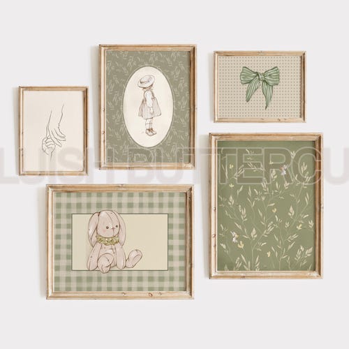 Sage Green Vintage Style Nursery Gallery Wall, Girl Bedroom Wall Art Set, Cottage Core, Kids Bedroom Decor, Antique Wall Set of 5, Printable