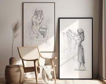 Laundry Room Vintage Style Drawing Wall Art Set, Cottage Core Rustic Pencil Sketch, Black & White Print Granola Aesthetic, Digital Printable