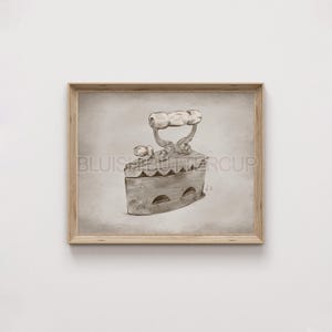May include: A vintage iron with a wooden handle, depicted in a sepia-toned illustration. The iron has a rounded base and a decorative design.
