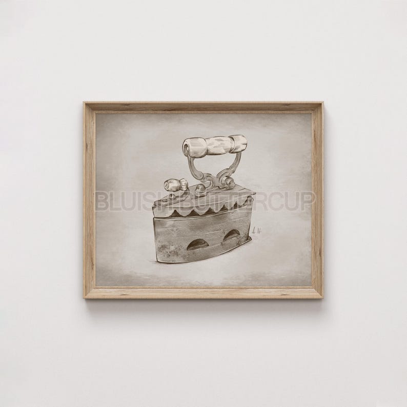 May include: A vintage iron with a wooden handle, depicted in a sepia-toned illustration. The iron has a rounded base and a decorative design.