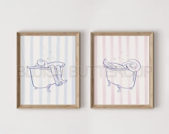 Pink n Blue Striped Coastal Cowgirl Bathtub Line Art Print, Set of Two Digital Bathroom Minimalist  Wall Art, Trendy Western Girly Poster