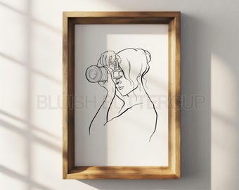 Female Photographer Outline Wall Art Print, Digital Download Black & White Girl With Camera, Minimal Lines Poster, Drawing Gift