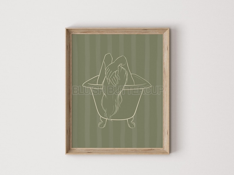 Pu&ograve; includere: Un disegno a linea di una persona in una vasca da bagno, con i capelli che le coprono il viso. Il disegno &egrave; in bianco su uno sfondo verde a righe.