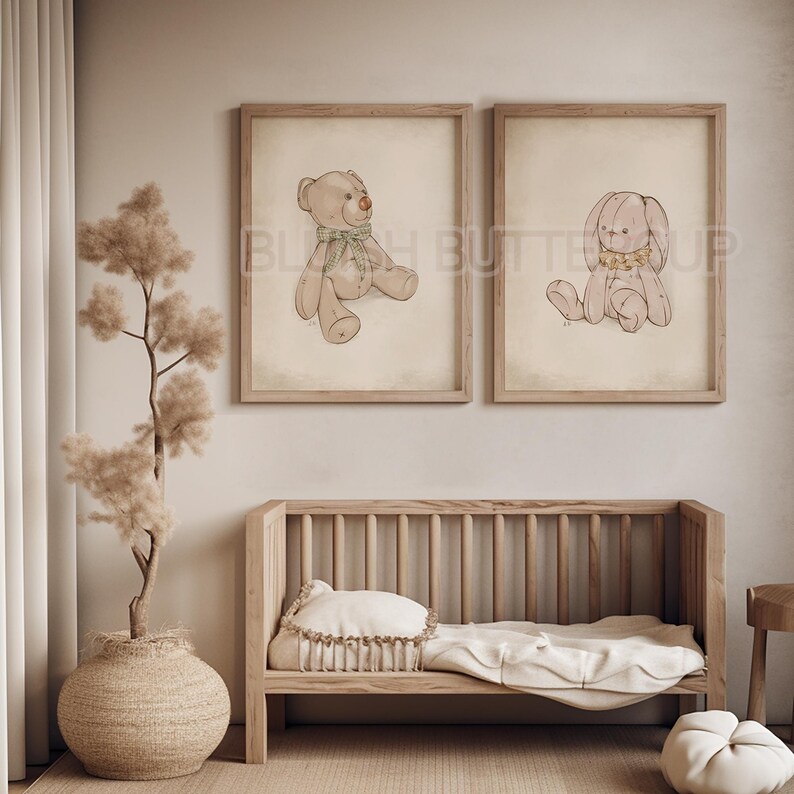 Vintage Style Nursery Wall Art, Set of Two, Beige, Teddy Bear, Bunny ...