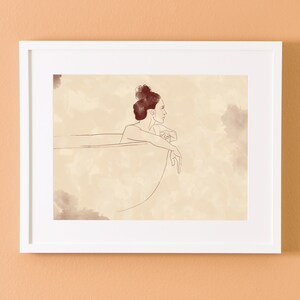 Bathroom Minimalist Beige Drawing, A Girl in Bathtub, Digital Download Wall Art Print