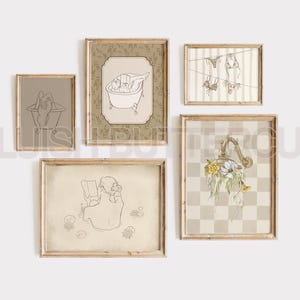 Beige Bathroom Gallery Wall, Printable Reading Girl in Bathtub Wall Art, Vintage Style Print Set, Cottage Core, Antique Wall Set of 5