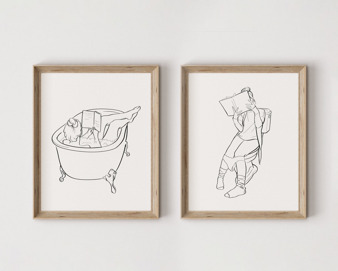 Printable Reading Girl in Bathroom, Set of Two, Digital Black and White ...