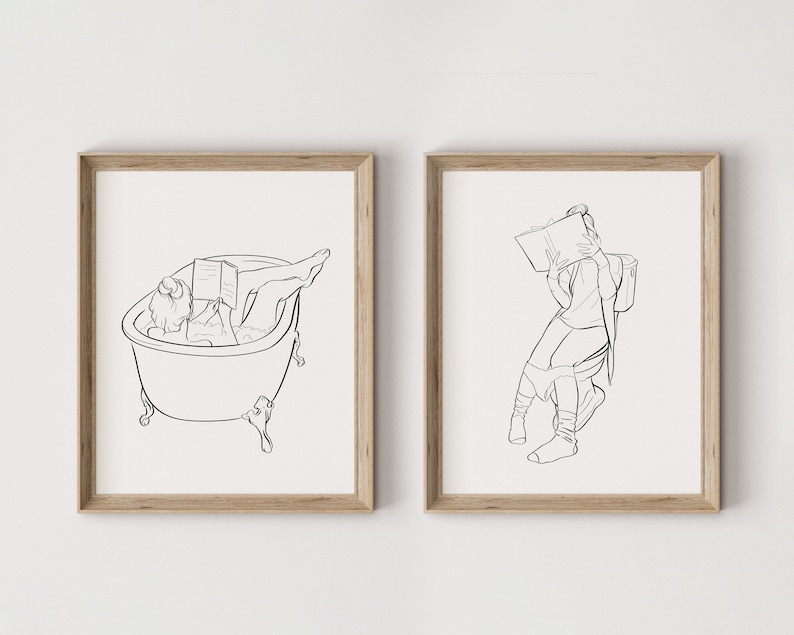 Printable Reading Girl in Bathroom Set of Two Digital Black - Etsy
