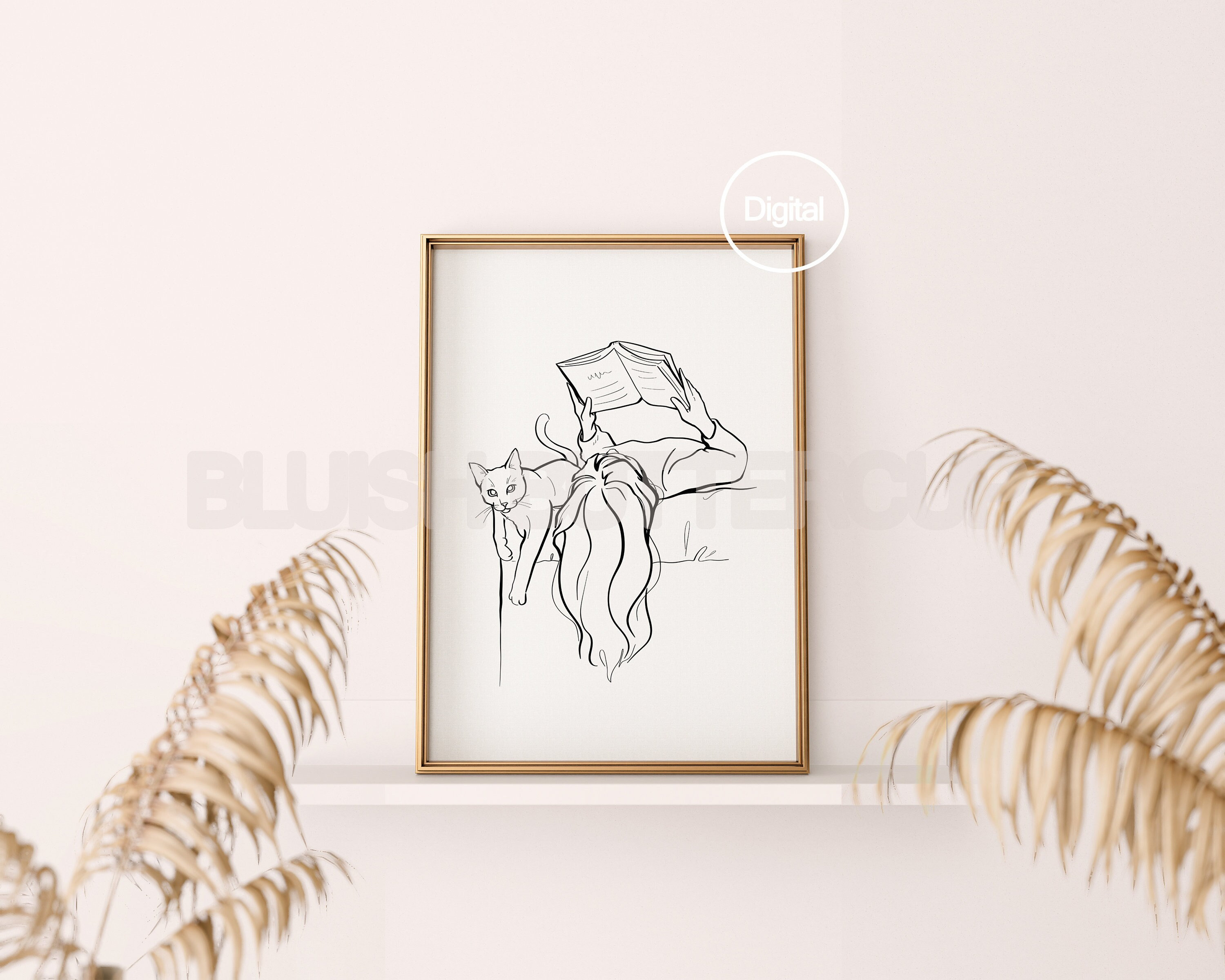 Bookish Cat Mom Line Wall Art Print, Digital Black & White Minimal ...