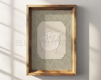 Sage Green Printable Reading Girl in Bathtub Wall Art, Grandma Print Bathroom Decor, Drawing Bookish Prints, Vintage Style