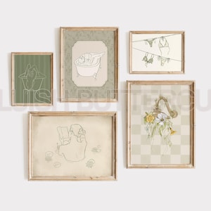 Sage Green Bathroom Gallery Wall, Printable Reading Girl in Bathtub Wall Art, Vintage Style Print Set, Cottage Core, Antique Wall Set of 5