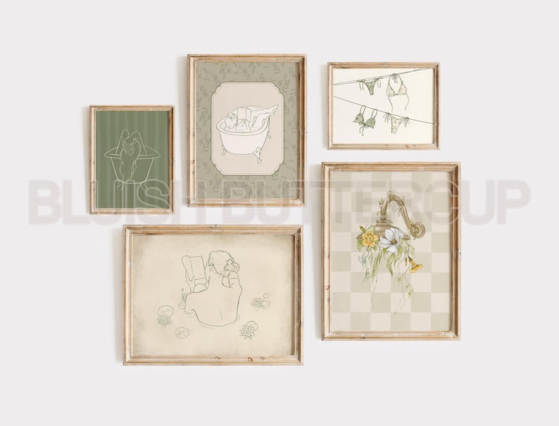 Pu&ograve; includere: Cinque stampe incorniciate con uno schema di colori verde e bianco. Le stampe presentano disegni a linea di una vasca da bagno, una donna in una vasca da bagno, una donna seduta, un apparecchio di illuminazione e una donna in costume da bagno.