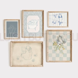 Blue Bathroom Gallery Wall, Printable Reading Girl in Bathtub Wall Art, Vintage Style Print Set, Cottage Core, Antique Wall Set of 5