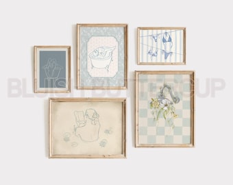Galleria di quadri per il bagno blu, stampa artistica da parete con ragazza che legge nella vasca da bagno, set di stampe in stile vintage, stile cottage, set di 5 stampe antiche da parete