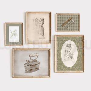 May include: Set of five framed prints with a vintage laundry theme. The prints feature illustrations of a woman hanging laundry, a woman using a washboard, a clothes pin, a gingham pattern, and an iron.