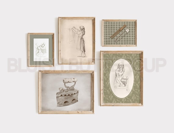 Sage Green Laundry Room Wall Art Collection, Vintage Style Drawing, Cottage Core, Print Set, Rustic Sketch, Granola Aesthetic, Printable