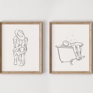 Cowgirl Bathroom Line Art Print, Set Of Two, Minimalist Black & White Outline Wall Art, Trendy Western Girly Poster, Digital Printable