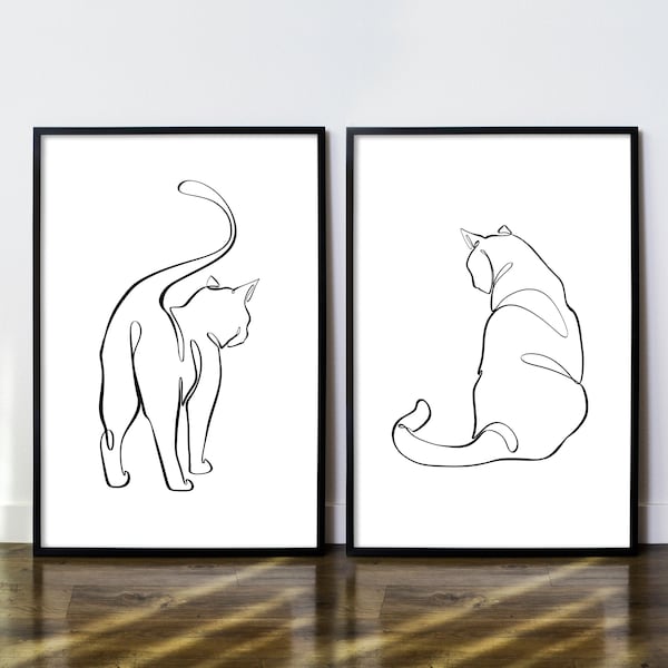 Cat Line Wall Art Print, Digital Set of Two Single Line, One line, Cat Lovers, Tattoo Pets, Printable Minimal Drawing