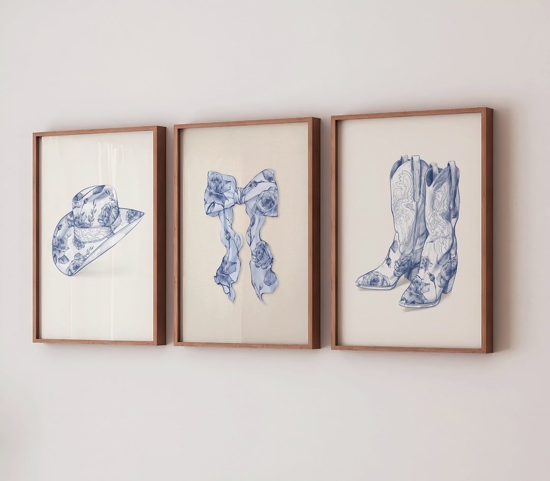 Triptych Blue Chinoiserie Coastal Cowgirl Wall Art, Set of Three ...