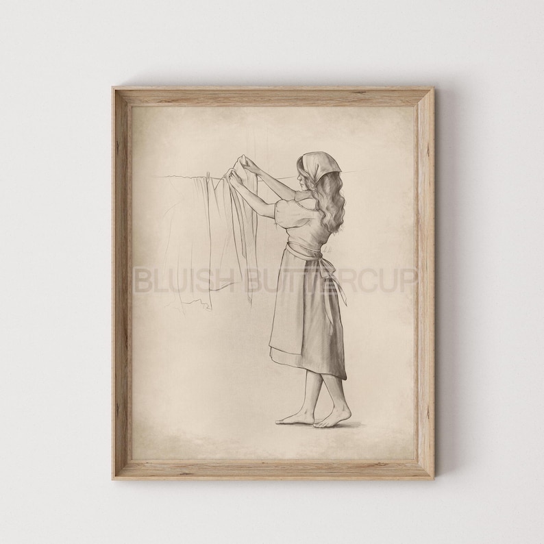 May include: A black and white pencil drawing of a woman hanging laundry on a clothesline. She is wearing a long dress and a headscarf. The drawing is on a beige background.