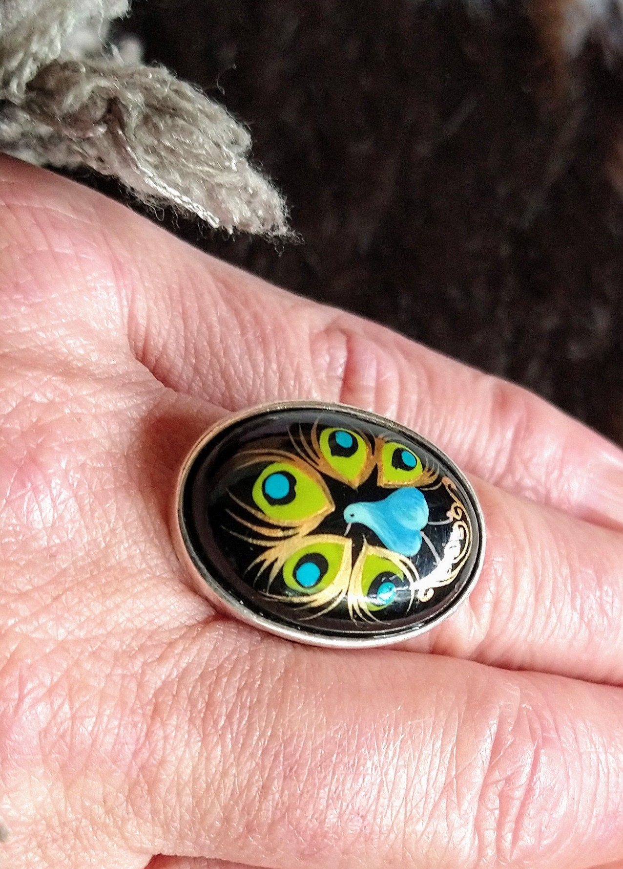 Amy Kahn Russell Vintage Hand Painted Sterling Silver Peacock Ring Size ...