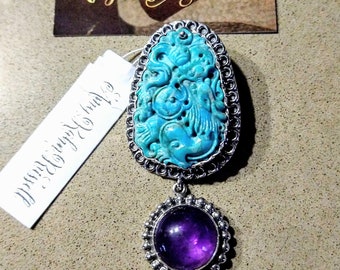 Amy Russell Kahn 57.9ct Three Tier Hand Carved Sterling Silver, Turquoise, Amethyst, Lapis New Pendant Pin