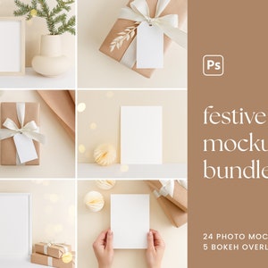 Festive Christmas Mockup Bundle: invitations, frames, cards, greeting cards, labels, gift tags, poster, artwork, print mockups image 1