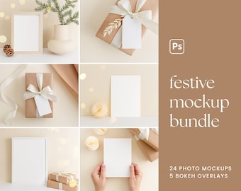 Festive Christmas Mockup Bundle: invitations, frames, cards, greeting cards, labels, gift tags, poster, artwork, print mockups