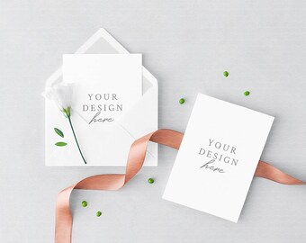 Download Wedding Invitation Greeting Cards Envelope Mockup With Flower Ribbon For Instagram 5 X 7 Psd Jpeg Styled Stock Photography Psd Mockups Templates Device Free PSD Mockup Templates