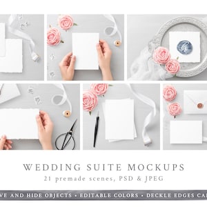 Maquetas de suites para bodas / Maqueta de papelería para bodas, invitación, sobre, tarjeta de lugar, RSVP, abdomen doblado, manos de mujer / PSD, stock estilizado