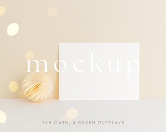 Festive Invitation 7x5 Card Mockup. Greeting Card Mockup, Bokeh Overlays, Landscape Card Mockup, Christmas Mockup, New Year Mockup /005