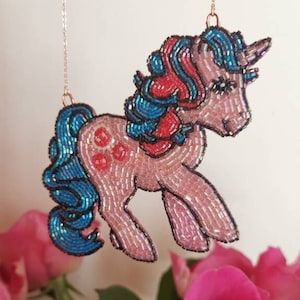 MY LITTLE PONY G1 Buttons Bubblegum Pink & Blue Unicorn Prancing Horse Beaded Jewellery Rose Gold Necklace handmade by I Am Braw