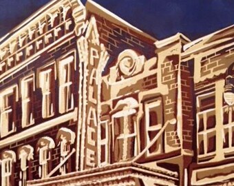Manchester Palace Theatre art, Manchester NH print, manchester art gift, NH art print, linocut Manchester NH, palace theatre art