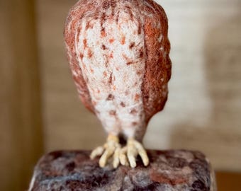 Handmade Felted Red Tailed Hawk Sculpture, Wool Bird on Log