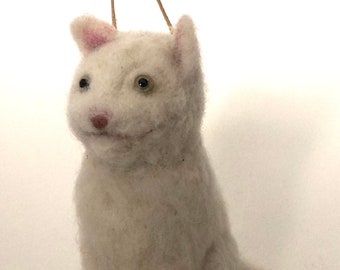 Handmade Needle Felted White Cat, Merino Wool Animal Art